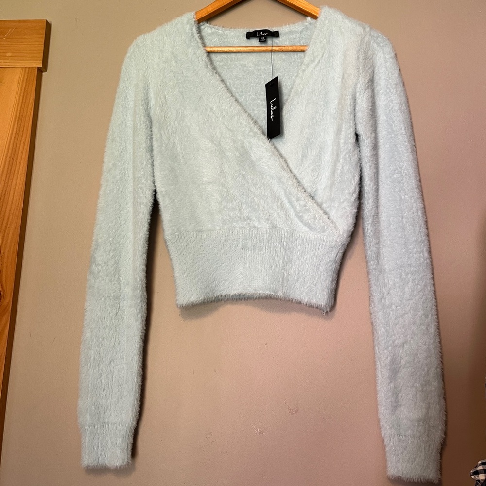 NWT Lulu's Snuggly Statement Light Blue Eyelash Knit Surplice Sweater Women’s XS - Picture 2 of 14